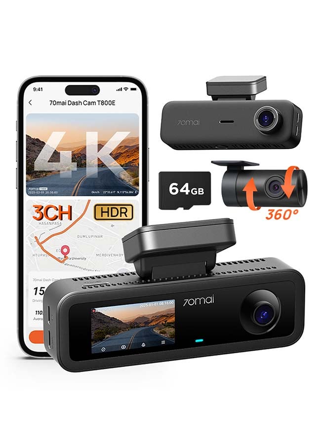 70mai T800E 3 Channel Dash Cam , 4K+1080P+1080P Car Dash Camera with Free 64GB, GPS, Wi-Fi 6, Voice Control, 24/7 Parking, Night Vision, Loop Recording, Supercapacitor Support 512GB - Image 1