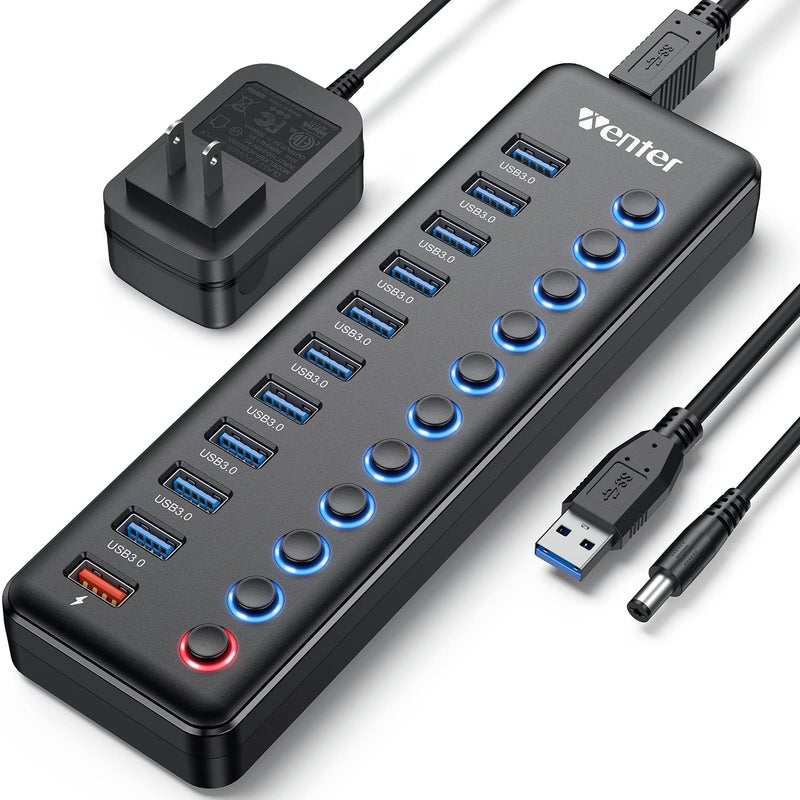 Wenter Powered USB Hub, Wenter 11-Port USB Splitter Hub (10 Faster Data Transfer Ports+ 1 Smart Charging Port) with Individual LED On/Off Switches, USB Hub 3.0 Powered with Power Adapter for Mac, PC - Image 1