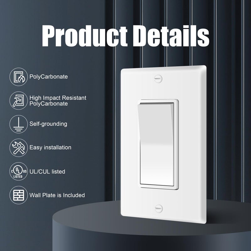 ThunderWay 3 Way Decorator Light Switch with Wall Plates, 15A 120/277V Decora Three Way Electrical Wall Paddle Rocker Switches Replacement, Residential Grade, UL Listed, Glossy White(10 Pack) - Image 3