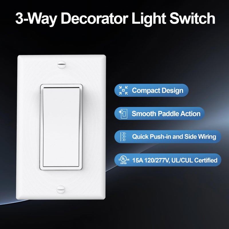 ThunderWay 3 Way Decorator Light Switch with Wall Plates, 15A 120/277V Decora Three Way Electrical Wall Paddle Rocker Switches Replacement, Residential Grade, UL Listed, Glossy White(10 Pack) - Image 2