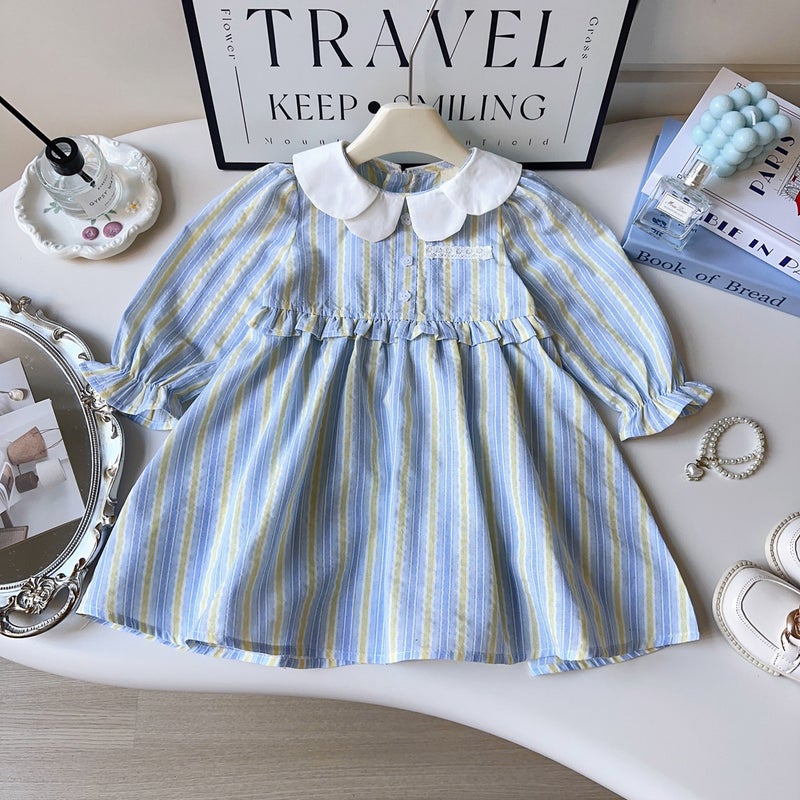 Girls dress 2025 Spring and Autumn New Baby Skirt Western Style Striped Bow Long Sleeve dress Blue 