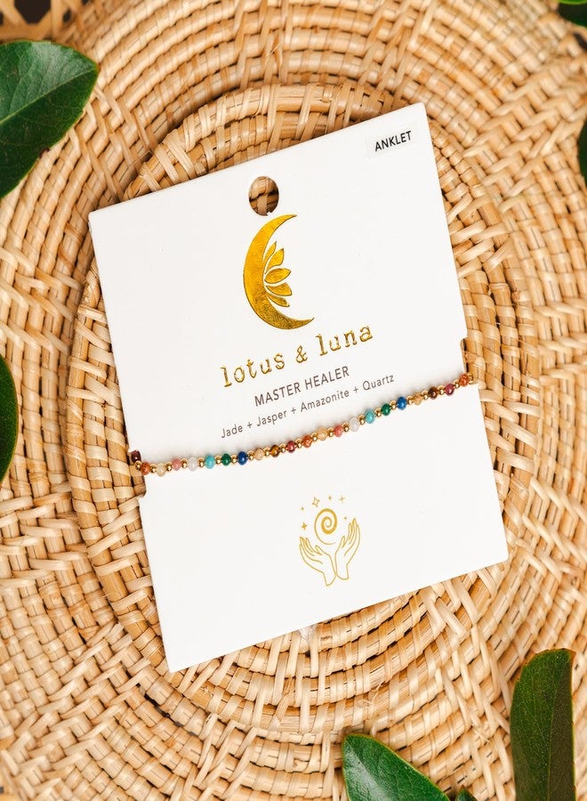 Lotus and Luna 2MM Master Healer Energy Chakra Healing Dainty Anklet with Real Stones Jade, Pearl, Rose Quartz, Amethyst, Moonstone (Yellow Gold) - Image 3