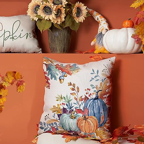 DFXSZ Fall Pillow Covers 18x18 inch Set of 2 Blue and Green Watercolor Pumpkin Fallen Leaves Decorative Throw Pillow Covers Autumn Thanksgiving Farmhouse Decoration for Home Couch TH27-E18 - Image 2