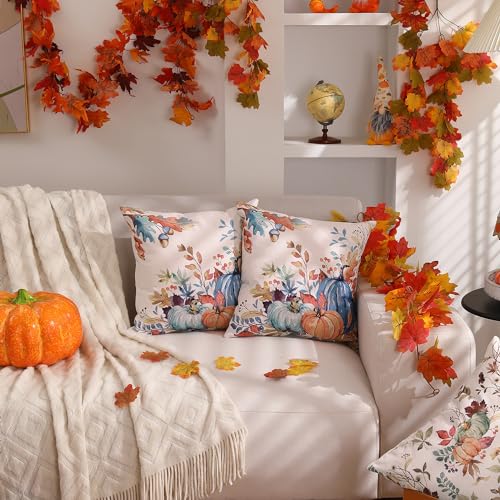 DFXSZ Fall Pillow Covers 18x18 inch Set of 2 Blue and Green Watercolor Pumpkin Fallen Leaves Decorative Throw Pillow Covers Autumn Thanksgiving Farmhouse Decoration for Home Couch TH27-E18 - Image 3
