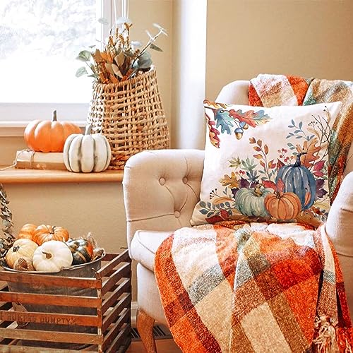 DFXSZ Fall Pillow Covers 18x18 inch Set of 2 Blue and Green Watercolor Pumpkin Fallen Leaves Decorative Throw Pillow Covers Autumn Thanksgiving Farmhouse Decoration for Home Couch TH27-E18 - Image 4