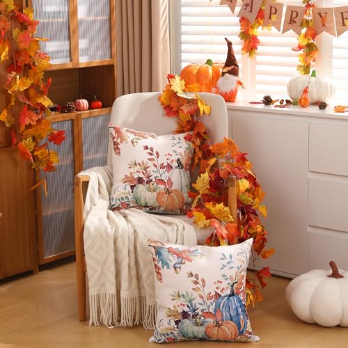DFXSZ Fall Pillow Covers 18x18 inch Set of 2 Blue and Green Watercolor Pumpkin Fallen Leaves Decorative Throw Pillow Covers Autumn Thanksgiving Farmhouse Decoration for Home Couch TH27-E18 - Image 5