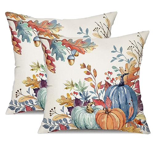DFXSZ Fall Pillow Covers 18x18 inch Set of 2 Blue and Green Watercolor Pumpkin Fallen Leaves Decorative Throw Pillow Covers Autumn Thanksgiving Farmhouse Decoration for Home Couch TH27-E18 - Image 1