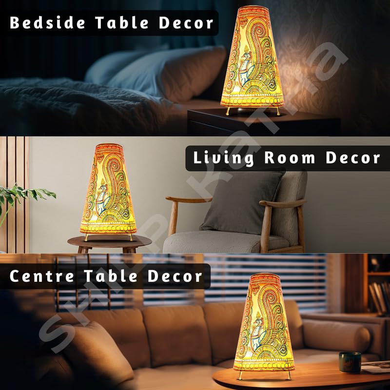 SHILP KATHA Handicraft Leather Table Lamp for Home Decoration | Handmade Side Table Lamp Shade for Bedroom Decor | Decorative festival gift for Living Room, Desk, Spiritual Décor | Vibrant Peacock - Image 2
