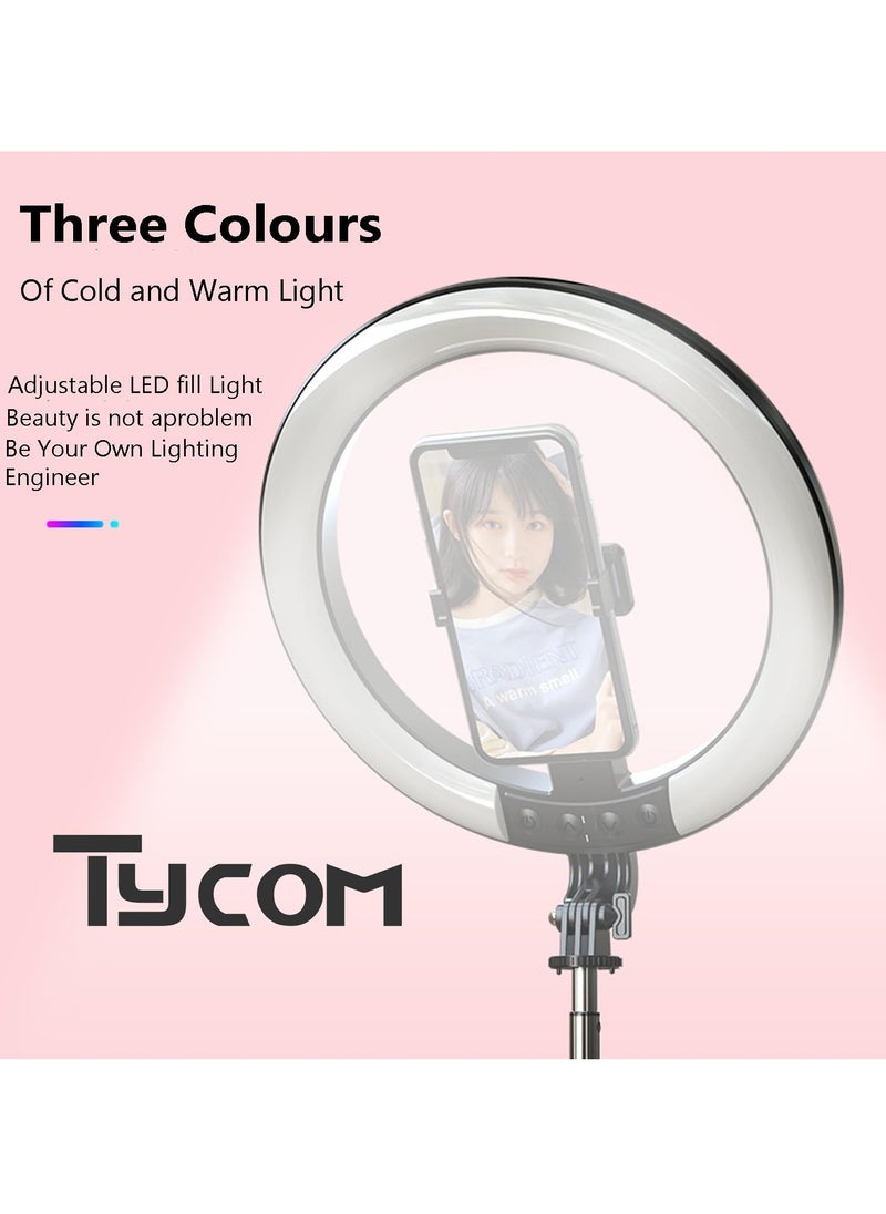 TYCOM - Tycom Selfie stick 10" RGB Ring Light with 180 cm long Stand and 2 Phone Holders,TikTok Ring Light 12 RGB Color Modes for YouTube Video Vlog Live Stream Makeup with Remote Control. - Image 1