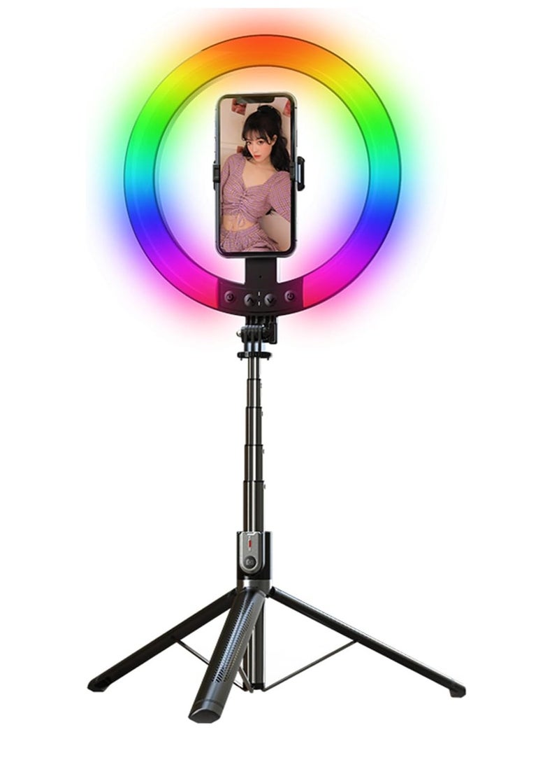 TYCOM - Tycom Selfie stick 10" RGB Ring Light with 180 cm long Stand and 2 Phone Holders,TikTok Ring Light 12 RGB Color Modes for YouTube Video Vlog Live Stream Makeup with Remote Control. - Image 1