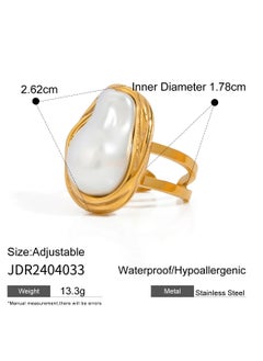 AROAQ Uworld Adjustable Gold Color Ring for Women with Pearl Leaf Design and Textured Strip Elegant Jewelry Gift 