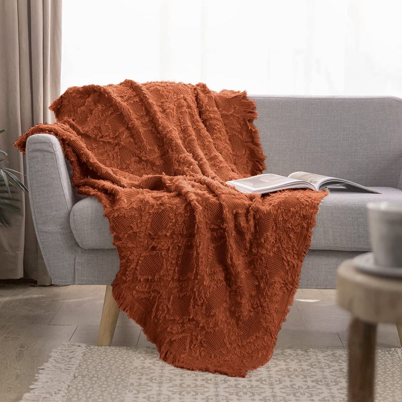 Simple&Opulence SimpleOpulence Cotton Throw Blanket for Bed Couch Boho Textured Geometric Knit Woven Blanket with Tassels Soft Lightweight Breathable Shabby Chic Farmhouse Decoration for AllSeasonRust Orange - Image 2