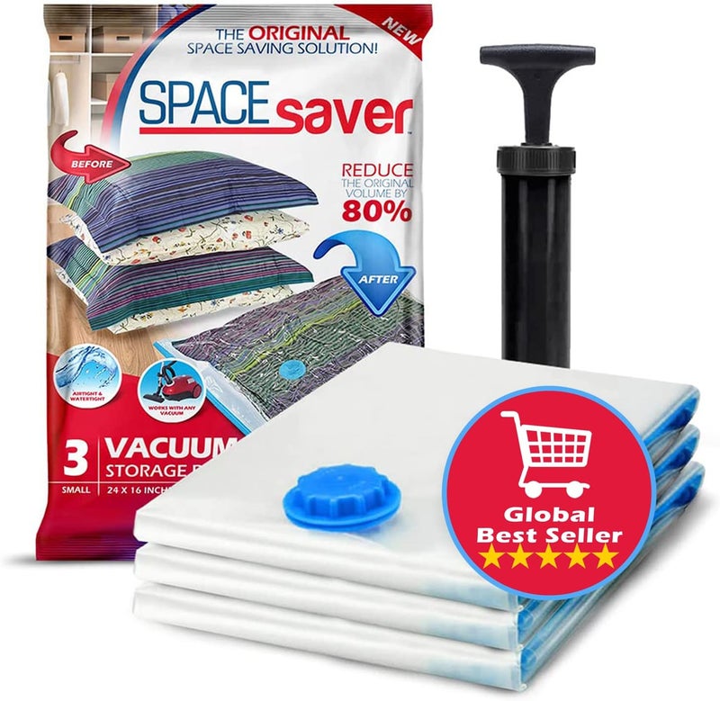 Spacesaver 3 Pack Small Vacuum Storage Bags for Comforters, Blankets & Clothes – Vacuum Sealed Compression Bags with Hand Pump – Space Saver Storage Bags for Bedding, Moving, Travel & Organization - Image 1