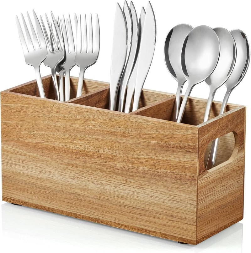 Silverware Holder [Acacia Wooden Utensil Caddy] | Silverware Organizer Countertop with Removable Dividers | Cutlery Holder for Party, Fork Spoon Knife Organizer - Image 1