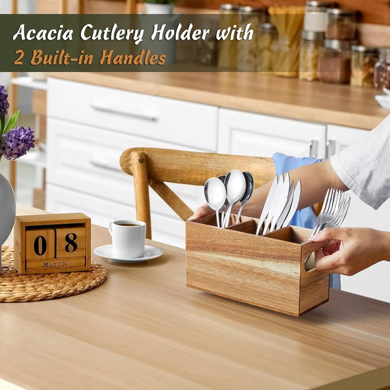 Silverware Holder [Acacia Wooden Utensil Caddy] | Silverware Organizer Countertop with Removable Dividers | Cutlery Holder for Party, Fork Spoon Knife Organizer - Image 2