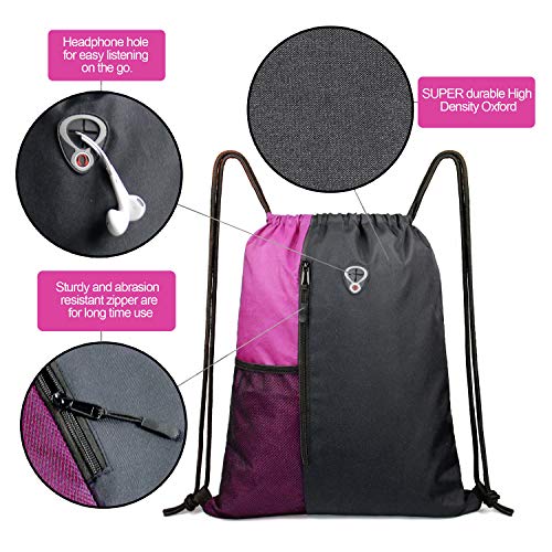 BeeGreen Sports Bag Drawstring Backpack With Water Bottle Pocket &Front Zippered Pocket Large String Bag Pack For Men Women - Image 4