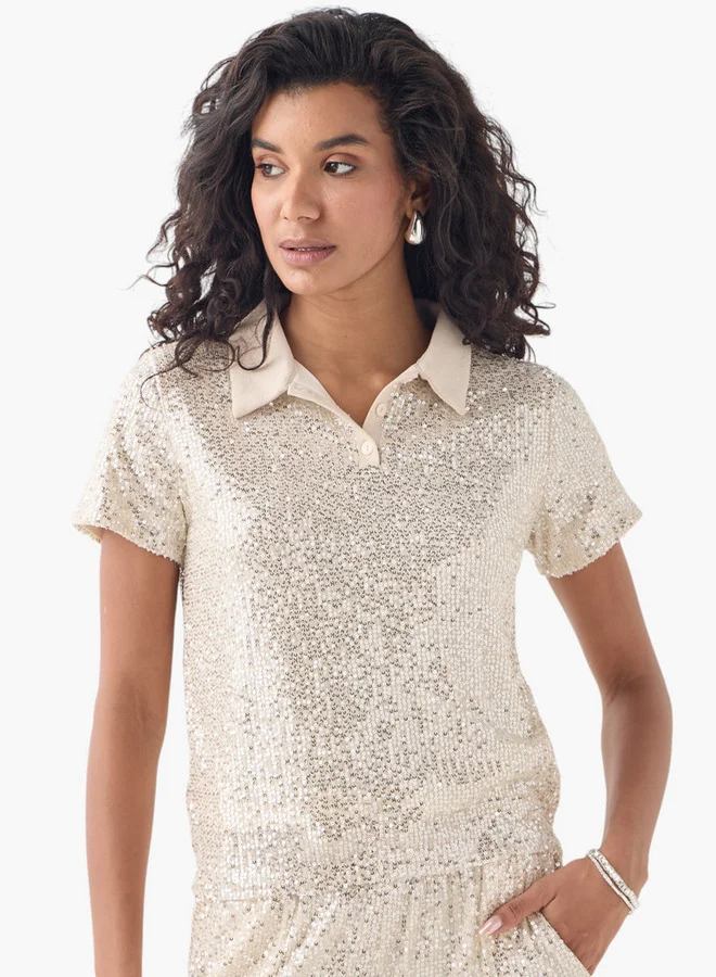 2Xtremz 2Xtremz Glitter Embellished Collared Top