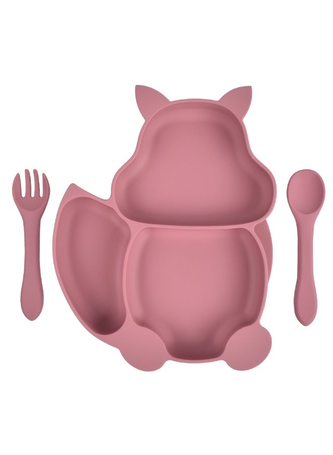 Pink Kids' Divided Dinnerware Set Squirrel Plate Silicone Bowl Bib Straw Cup Utensils Silicone Wooden Handles for Mess Free Mealtimes - Image 3