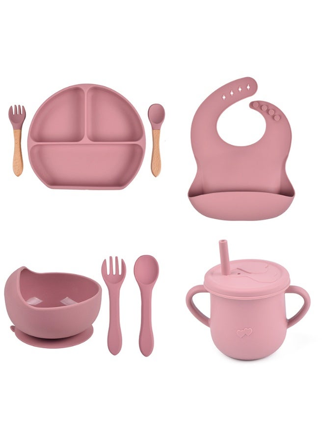 Pink Kids' Divided Dinnerware Set Squirrel Plate Silicone Bowl Bib Straw Cup Utensils Silicone Wooden Handles for Mess Free Mealtimes - Image 2