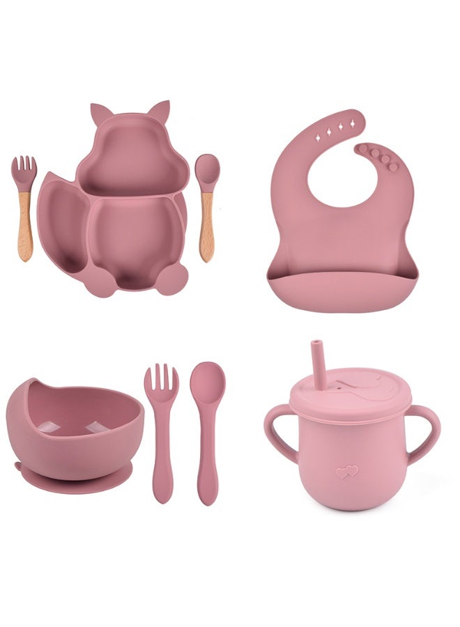 Pink Kids' Divided Dinnerware Set Squirrel Plate Silicone Bowl Bib Straw Cup Utensils Silicone Wooden Handles for Mess Free Mealtimes - Image 1