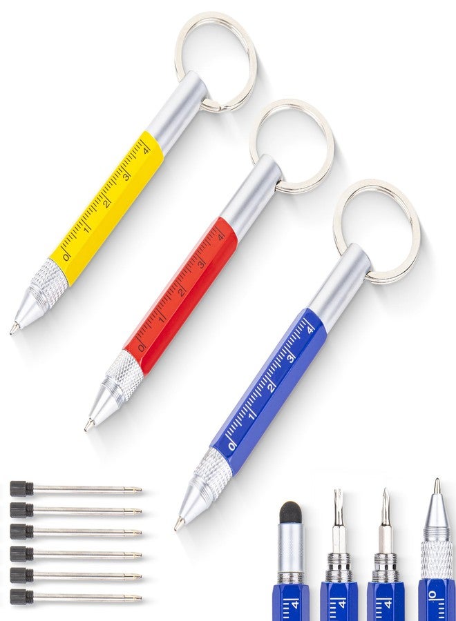 Umbrotiger 3-Pack 5-in-1 Mini Keychain Pen Set - Ballpoint, Ruler, Flathead/Phillips Screwdrivers, Stylus, 6 Refills (2/ Pen), Long lasting Metal Tool for Outdoors, Office & Camping - Image 1