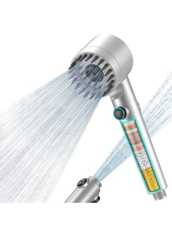 FEELSO Hard Water Filter Shower Head with 15 Stage Filter, 3+1 Spray Jet Modes High Pressure Shower Head and 1.5m Hose, Handheld Massage Shower Filter for Residual Chlorine Remove Silver - Image 1