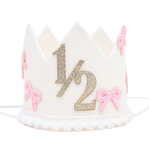 Jissoo Bow 1/2 Birthday Crown - 6 Months Birthday Decorations,Little Princess Crown for Cake Smash,Sweet Hat Photo Props,Pink Bow Half Way to One Decoration - Image 1