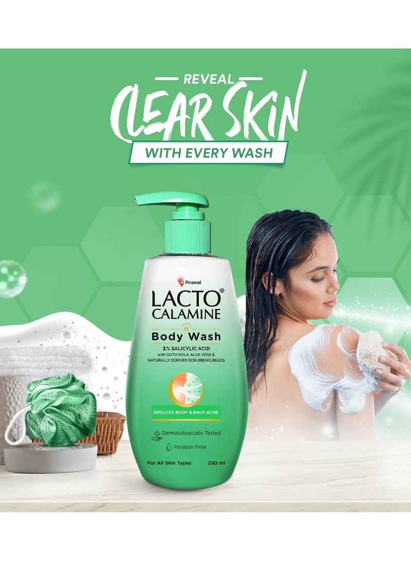 Lacto Calamine 1% Salicylic Acid Body Wash 250ml For Body Acne Back Acne Rough and  Bumpy Skin Cica Aloe Vera Turmeric and Natural Scrub Beads Body Wash Shower Gel For Men and Women - Image 4
