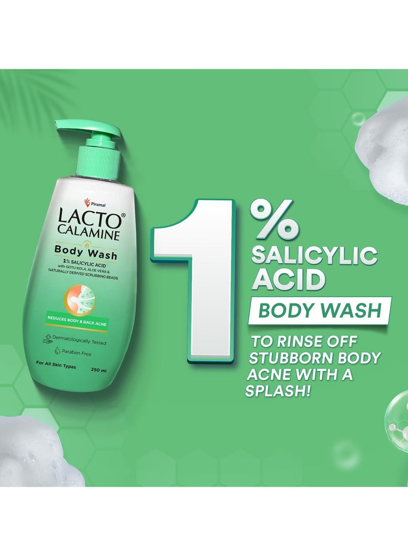 Lacto Calamine 1% Salicylic Acid Body Wash 250ml For Body Acne Back Acne Rough and  Bumpy Skin Cica Aloe Vera Turmeric and Natural Scrub Beads Body Wash Shower Gel For Men and Women - Image 2