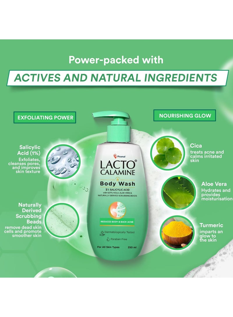 Lacto Calamine 1% Salicylic Acid Body Wash 250ml For Body Acne Back Acne Rough and  Bumpy Skin Cica Aloe Vera Turmeric and Natural Scrub Beads Body Wash Shower Gel For Men and Women - Image 3