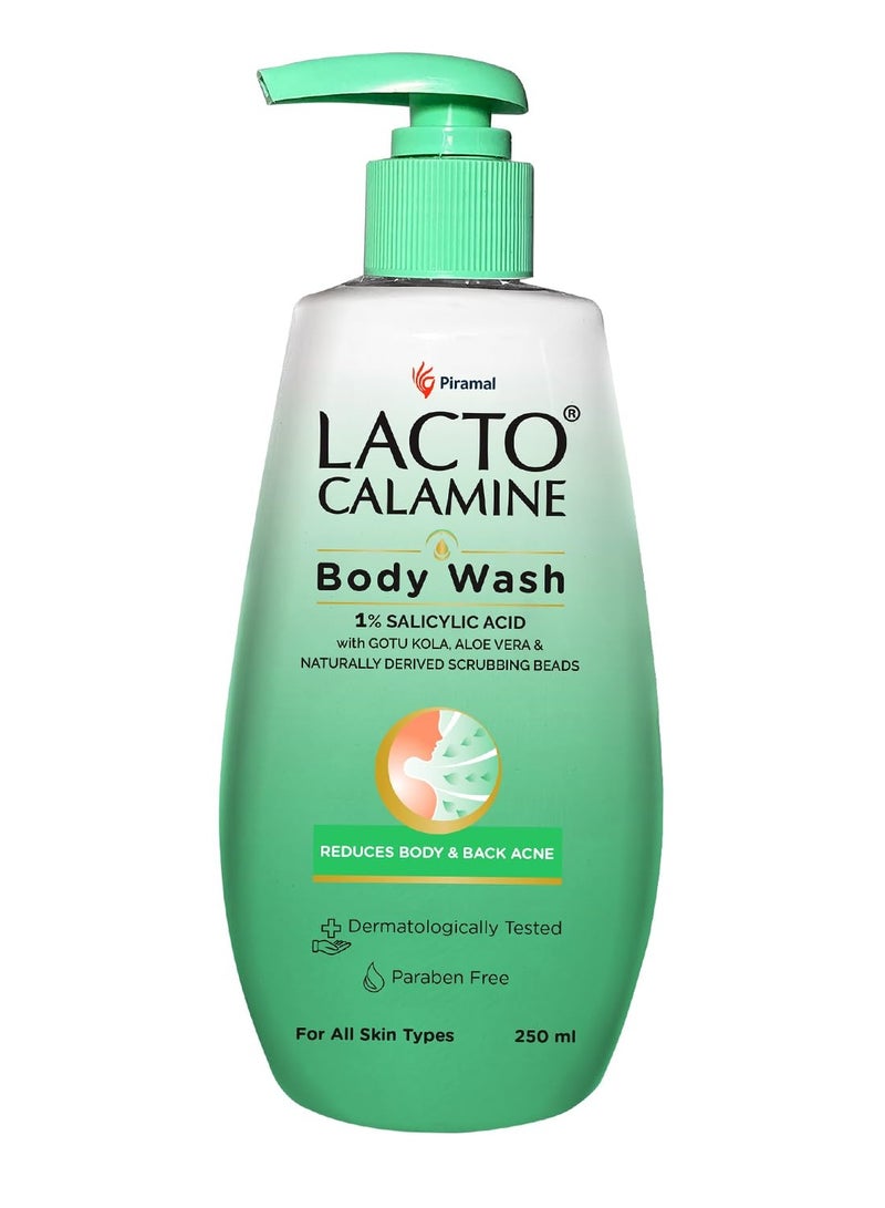 Lacto Calamine 1% Salicylic Acid Body Wash 250ml For Body Acne Back Acne Rough and  Bumpy Skin Cica Aloe Vera Turmeric and Natural Scrub Beads Body Wash Shower Gel For Men and Women - Image 1
