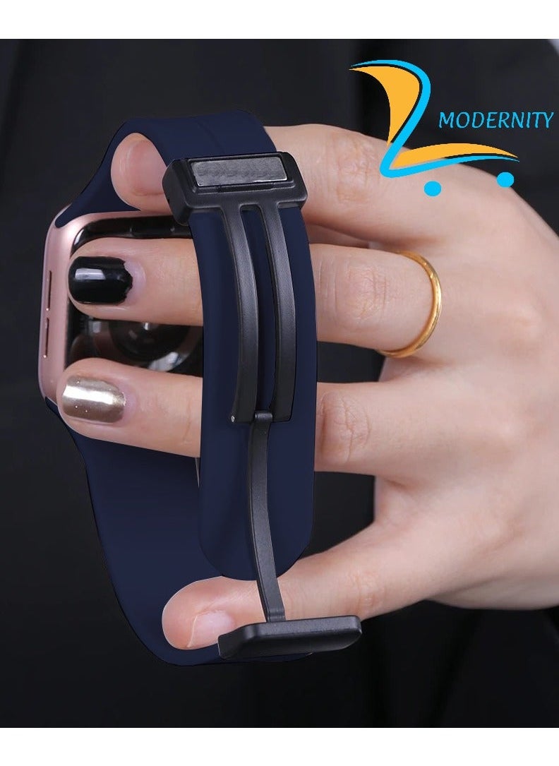 MODERNITY Midnight Blue Magnetic Folding Buckle Strap for Apple Watch - Band 41mm 40mm 38mm - Solo loop Bracelet Silicone Band Compatible for iWatch Series 9, 8, 7, 5, SE6, 3 - For Men & Women!