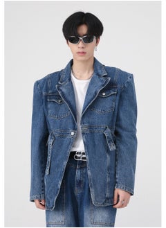 Loquat Men's RetroThree-dimensional Shoulder Pad Jean Jacket Strap Design Blue  - Image 2
