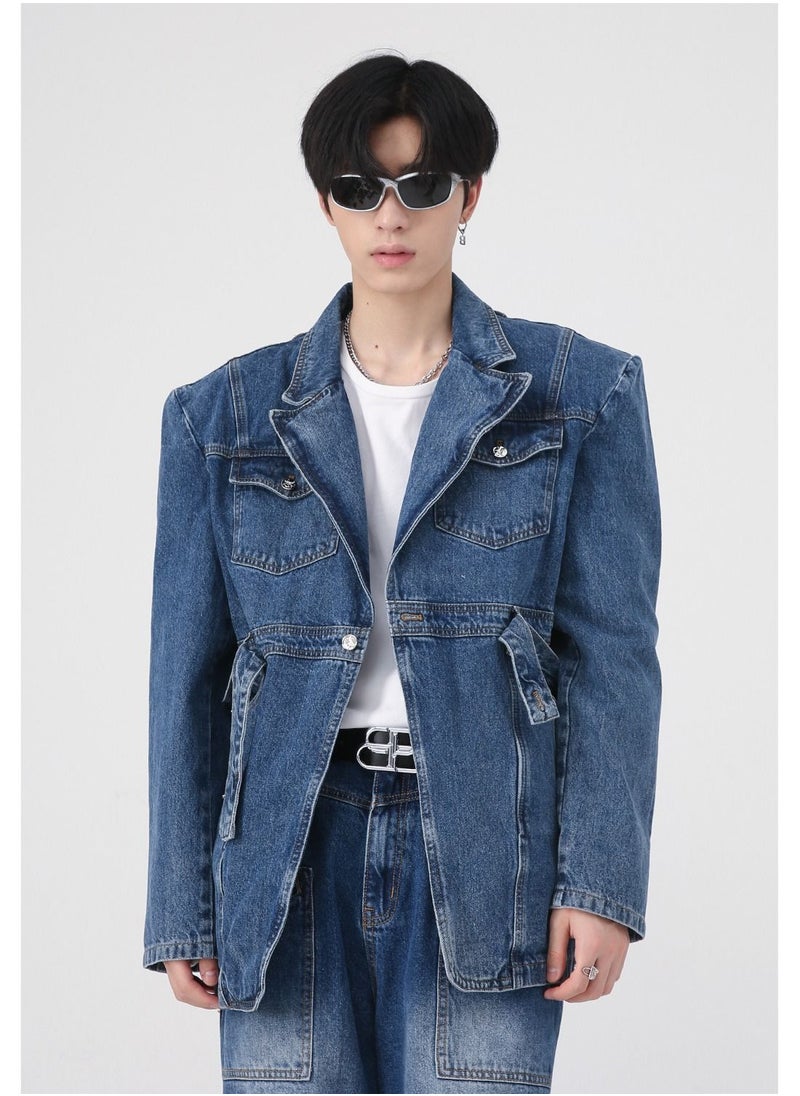 Loquat - Men's RetroThree-dimensional Shoulder Pad Jean Jacket Strap Design Blue - Image 1