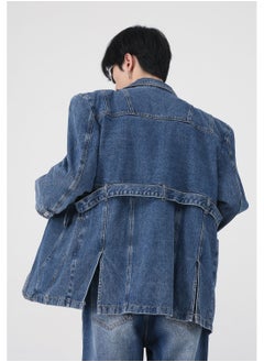 Loquat Men's RetroThree-dimensional Shoulder Pad Jean Jacket Strap Design Blue  - Image 3
