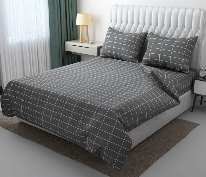 DECOR2ADMIRE مجموعة أغطية سرير هندسية من قطن جلاسي 210 TC للسرير المزدوج مع 2 غطاء وسادة للمنزل (90 * 100 بوصة - رمادي داكن) - Image 1