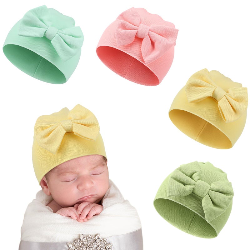 Cuffbow 4 Pcs Preemie Hats Bow Cap Warm Hospital Premature Baby Cotton Beanie for Premature Boy Girl Newborn 3-7 Lbs Infant, Lively Color, One Size - Image 1