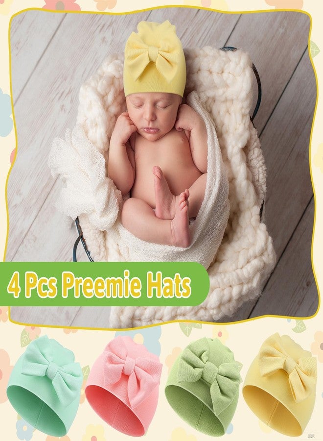 Cuffbow 4 Pcs Preemie Hats Bow Cap Warm Hospital Premature Baby Cotton Beanie for Premature Boy Girl Newborn 3-7 Lbs Infant, Lively Color, One Size - Image 3