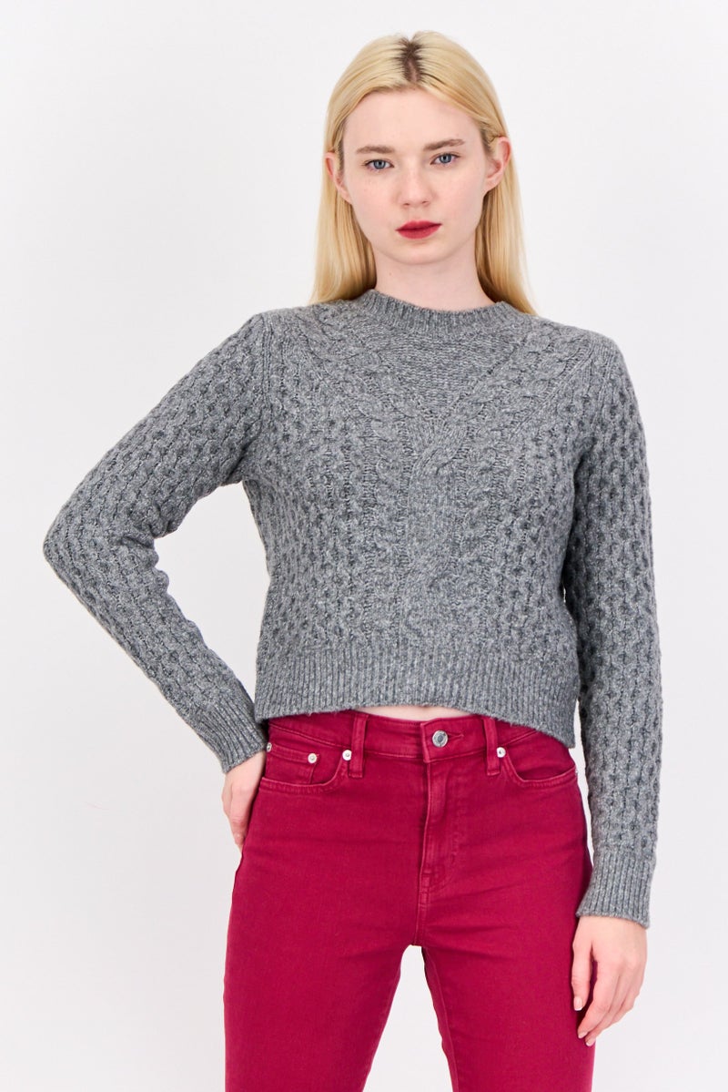Pink Rose Women Crew Neck Long Sleeves Textured Sweaters, Heather Grey - Image 1