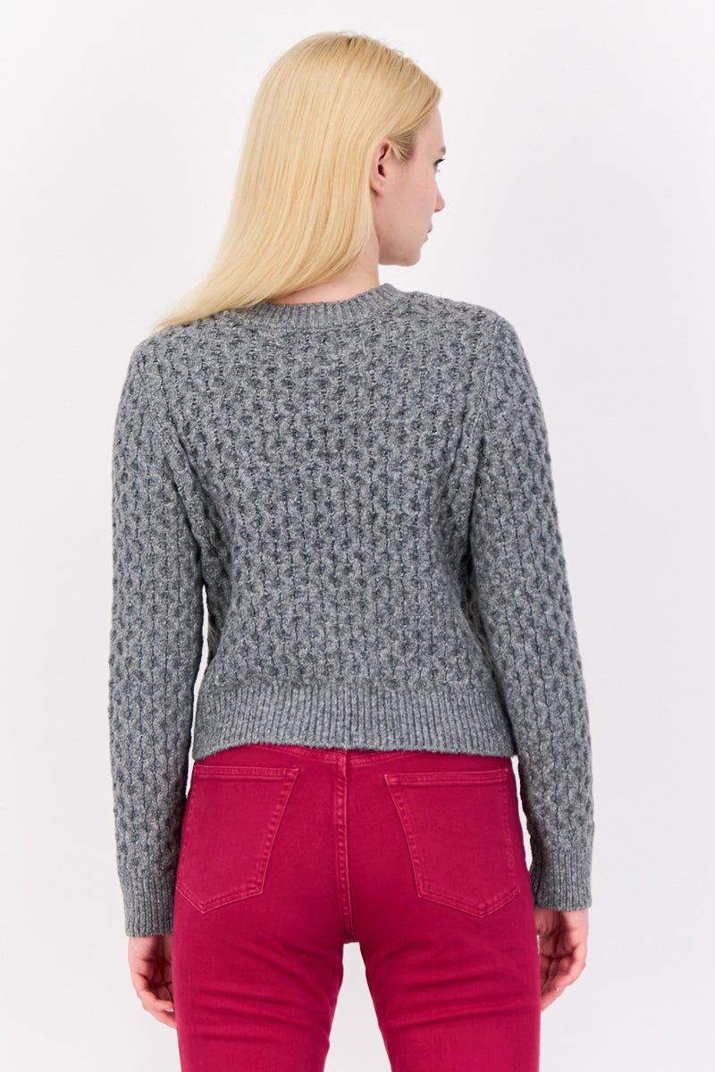 Pink Rose Women Crew Neck Long Sleeves Textured Sweaters, Heather Grey - Image 4