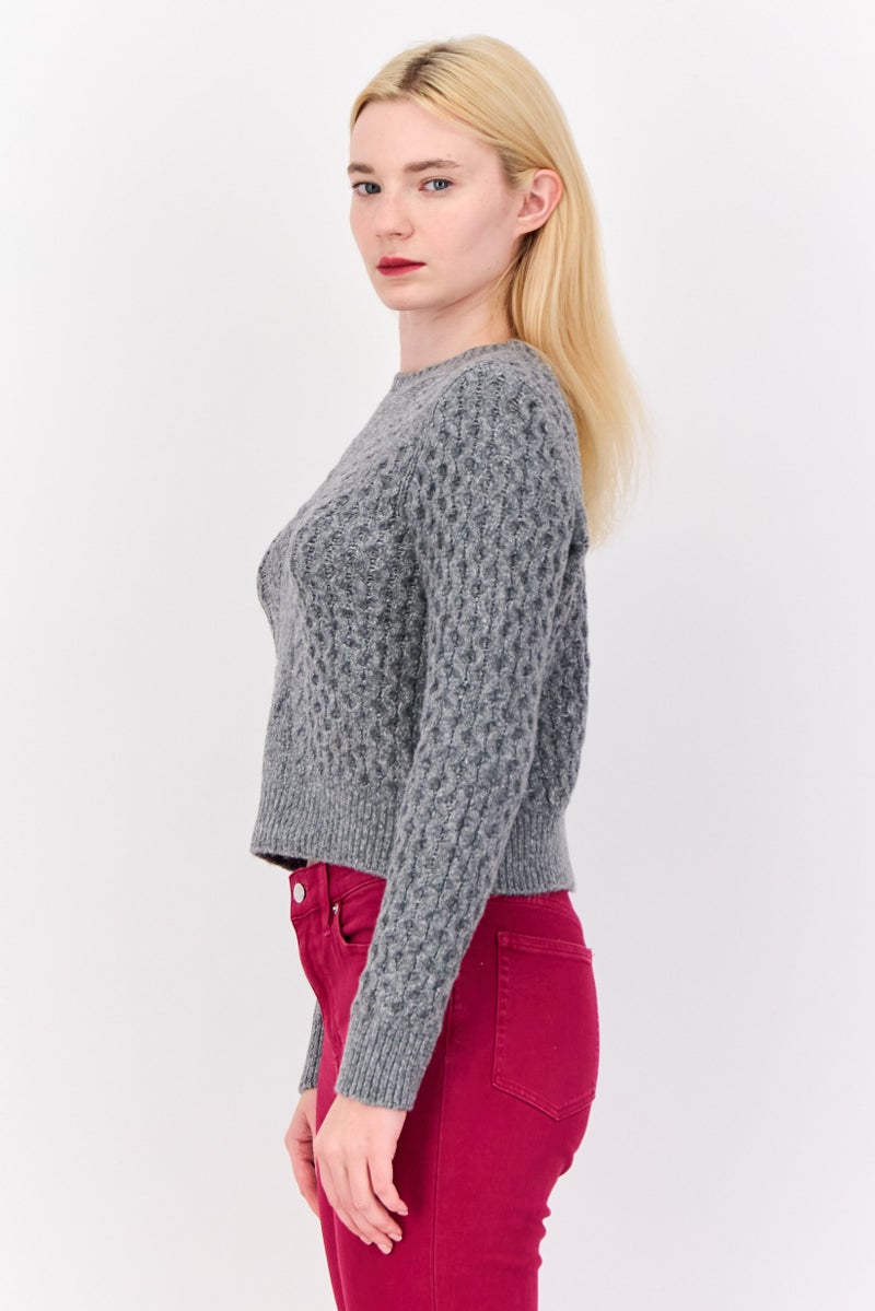 Pink Rose Women Crew Neck Long Sleeves Textured Sweaters, Heather Grey - Image 2