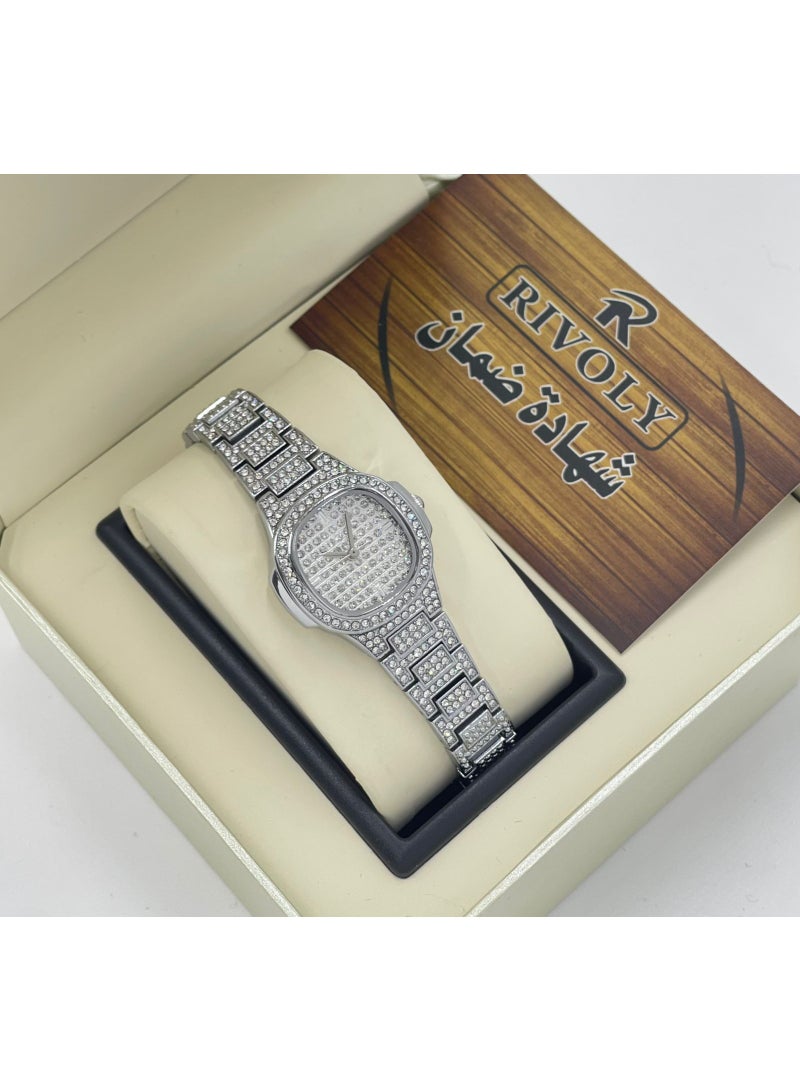 ريفولي ساعة يد نسائية من الفولاذ المقاوم للصدأ مرصعة بالكريستال