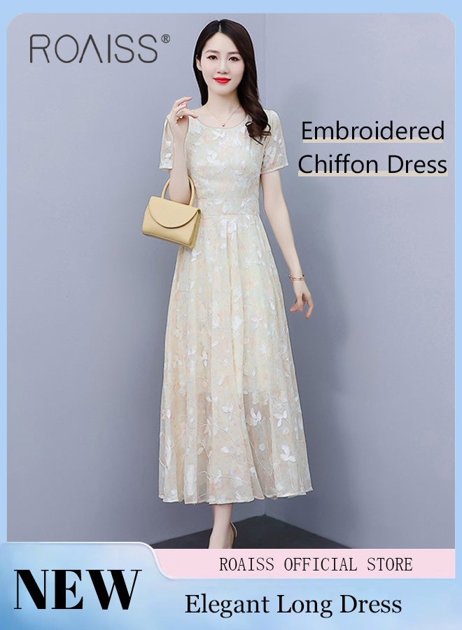 roaiss Women Lace Dress Round Neck Dress Formal Elegant Dress Party Short Sleeve Dress Summer Beach Dress Elegant Chiffon Dresses - Image 1