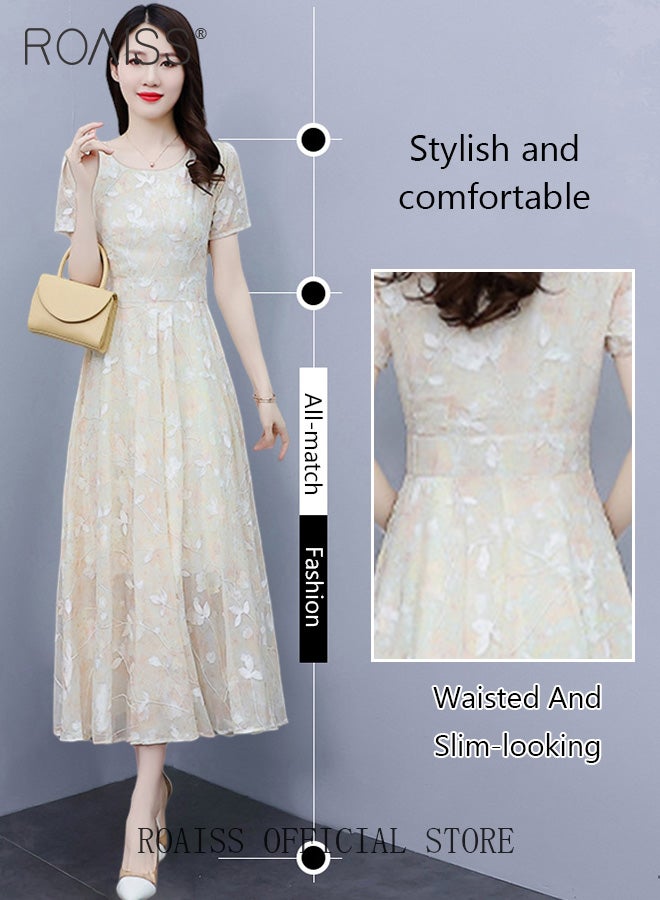 roaiss Women Lace Dress Round Neck Dress Formal Elegant Dress Party Short Sleeve Dress Summer Beach Dress Elegant Chiffon Dresses - Image 4