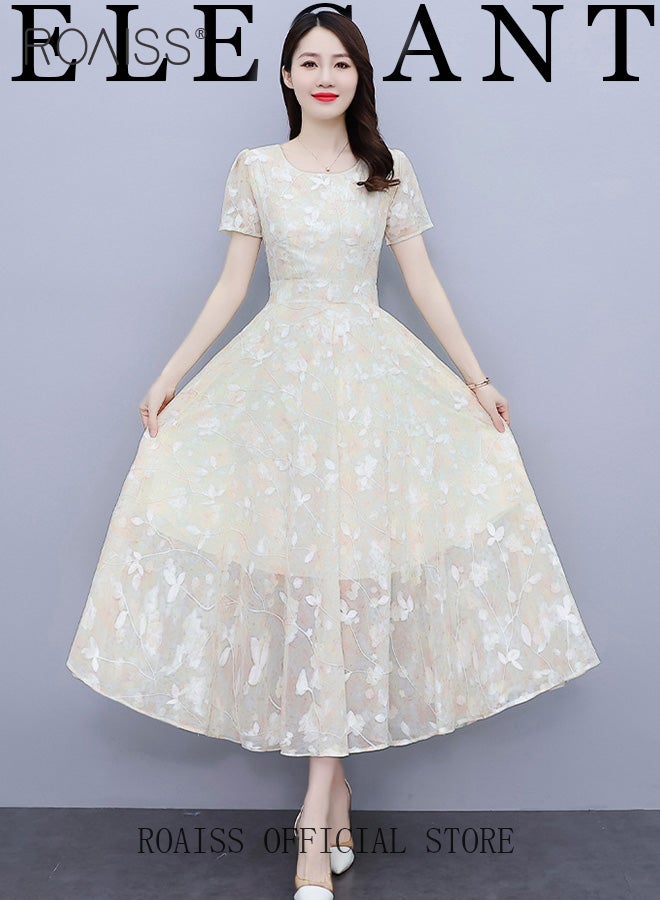 roaiss Women Lace Dress Round Neck Dress Formal Elegant Dress Party Short Sleeve Dress Summer Beach Dress Elegant Chiffon Dresses - Image 5