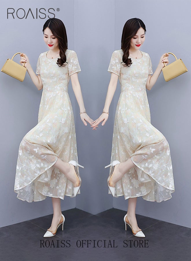 roaiss Women Lace Dress Round Neck Dress Formal Elegant Dress Party Short Sleeve Dress Summer Beach Dress Elegant Chiffon Dresses - Image 2