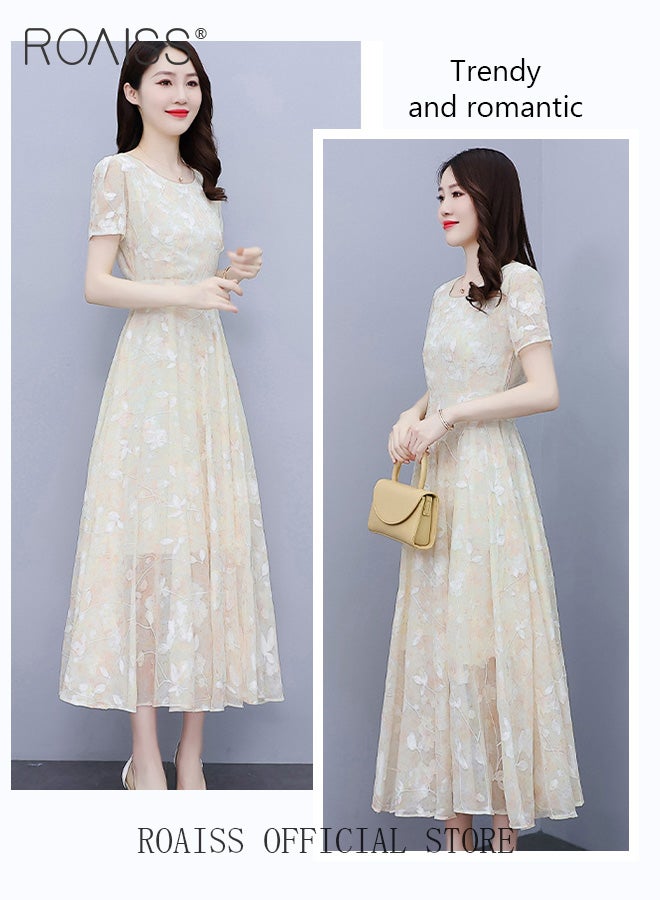 roaiss Women Lace Dress Round Neck Dress Formal Elegant Dress Party Short Sleeve Dress Summer Beach Dress Elegant Chiffon Dresses - Image 3