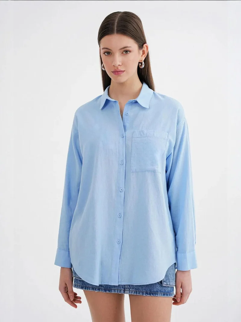MixRay Baby Blue Mixray Oversize Linen Blend Shirt for Women | Best Price UAE