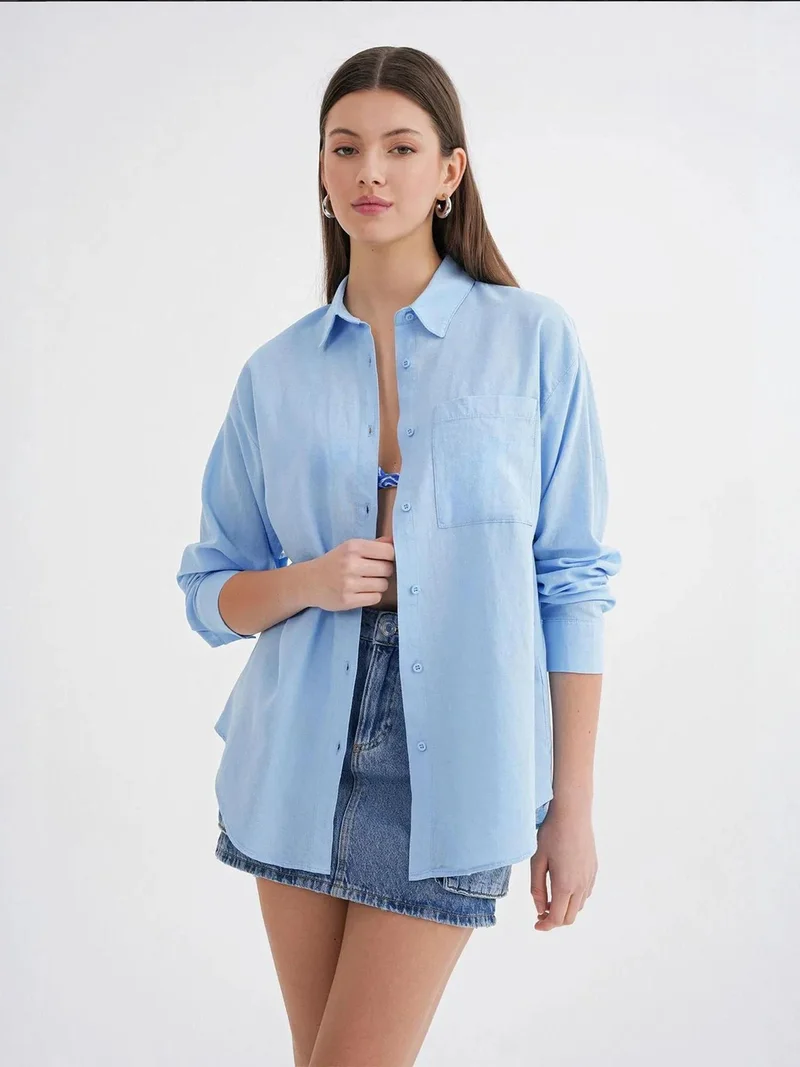 MixRay Baby Blue Mixray Oversize Linen Blend Shirt for Women | Best Price UAE
