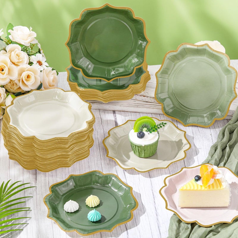 Potchen 96 Pcs Sage Green Dessert Plates 7 Inch Gradient Green Scalloped Disposable party Paper Plate for Summer Wedding Birthday Baby Shower Party Supplies  4 Colors - Image 2